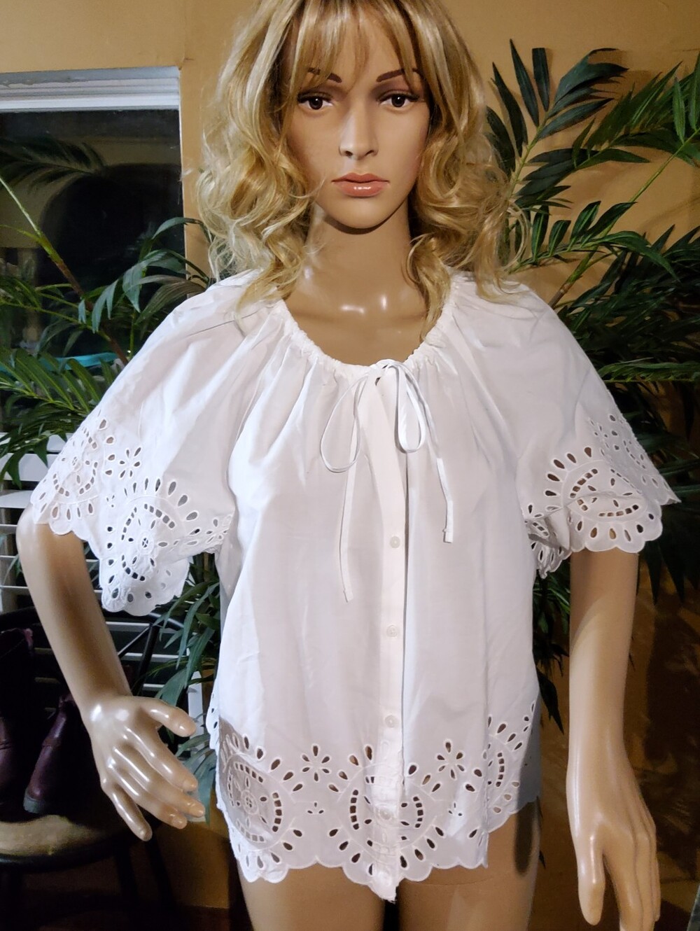 White Eyelet Peasant Blouse Button Front with Tie Neck - 100% Cotton